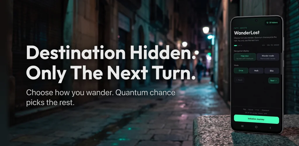 WanderLost feature graphic: Destination Hidden: Only The Next Turn, with the app on a phone against a night street.