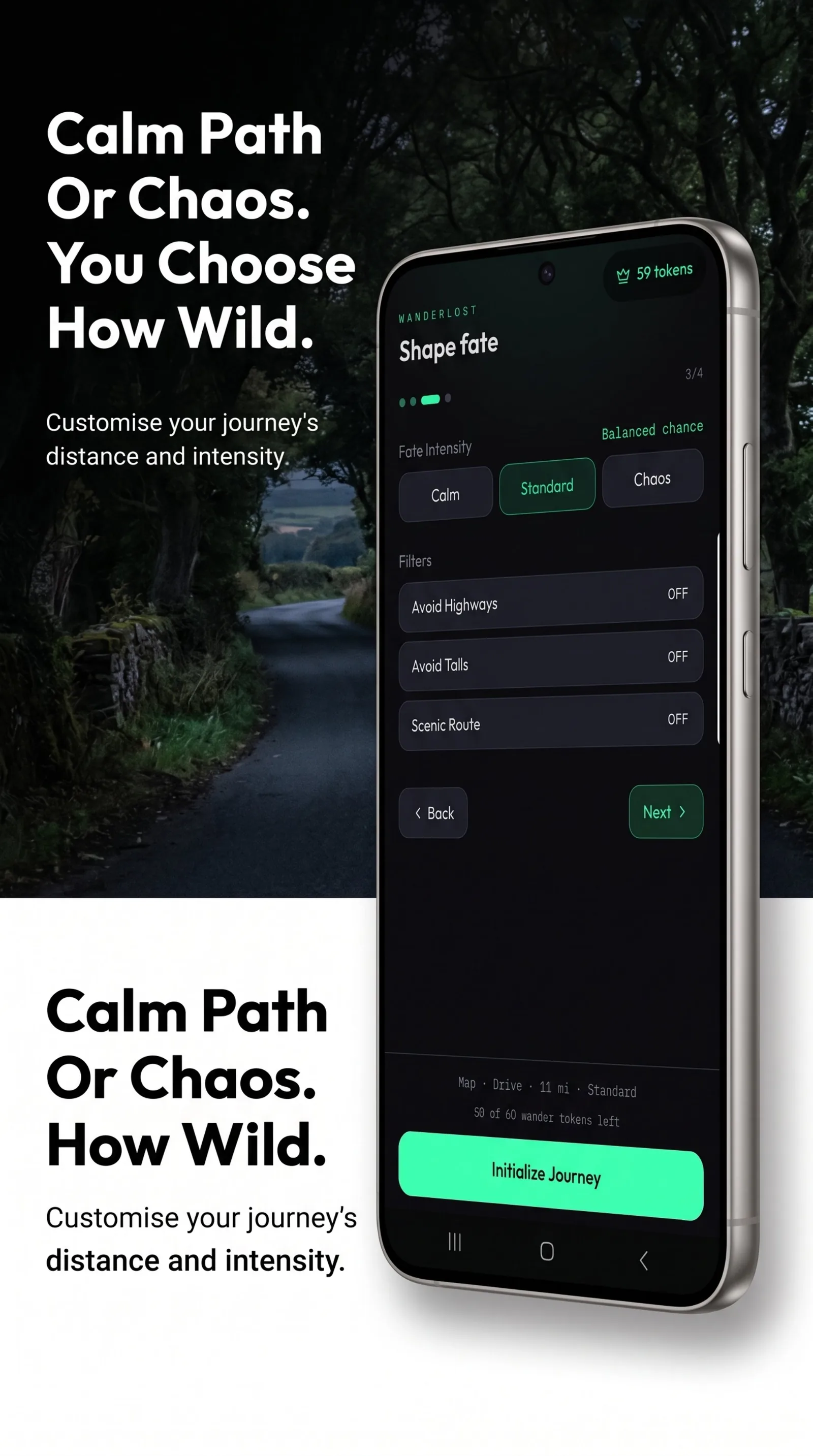 WanderLost Shape fate screen with Calm, Standard, and Chaos options, plus Avoid Highways, Avoid Tolls, and Scenic Route filters.