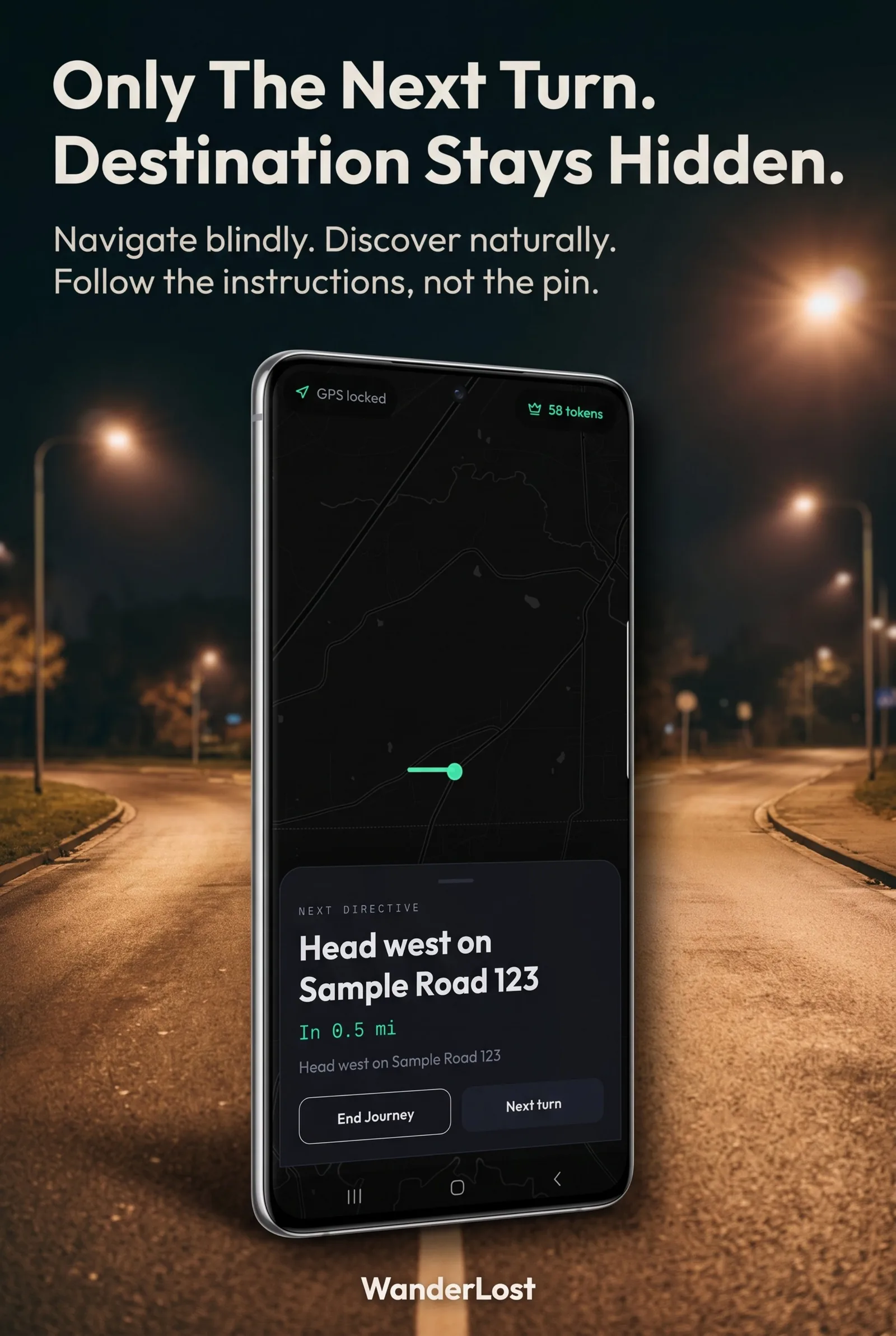 WanderLost live navigation on a phone showing GPS locked, a mint next-turn line on a dark map, and the directive Head west on Sample Road in 0.5 mi.